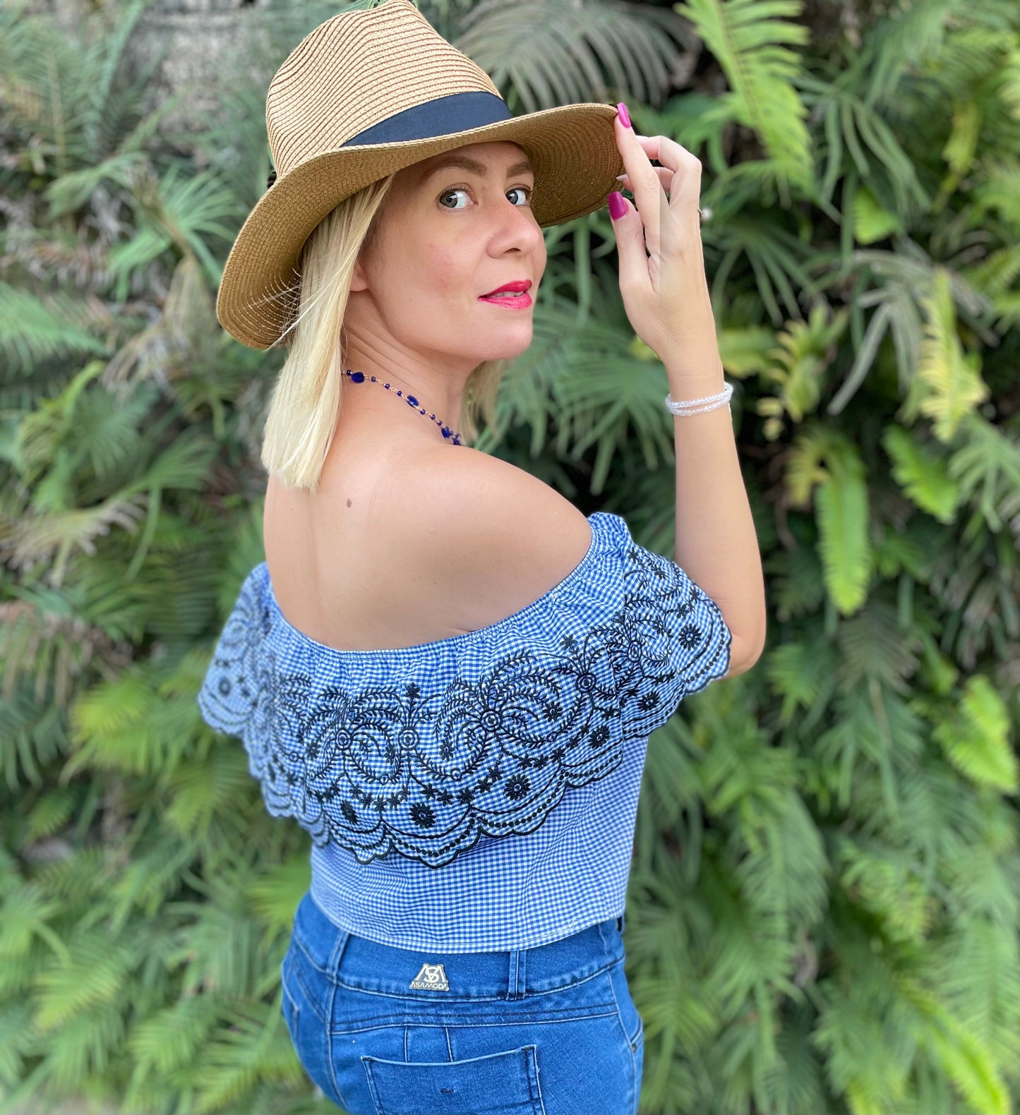 GINGHAM EMBROIDERED RUFFLE BLOUSE