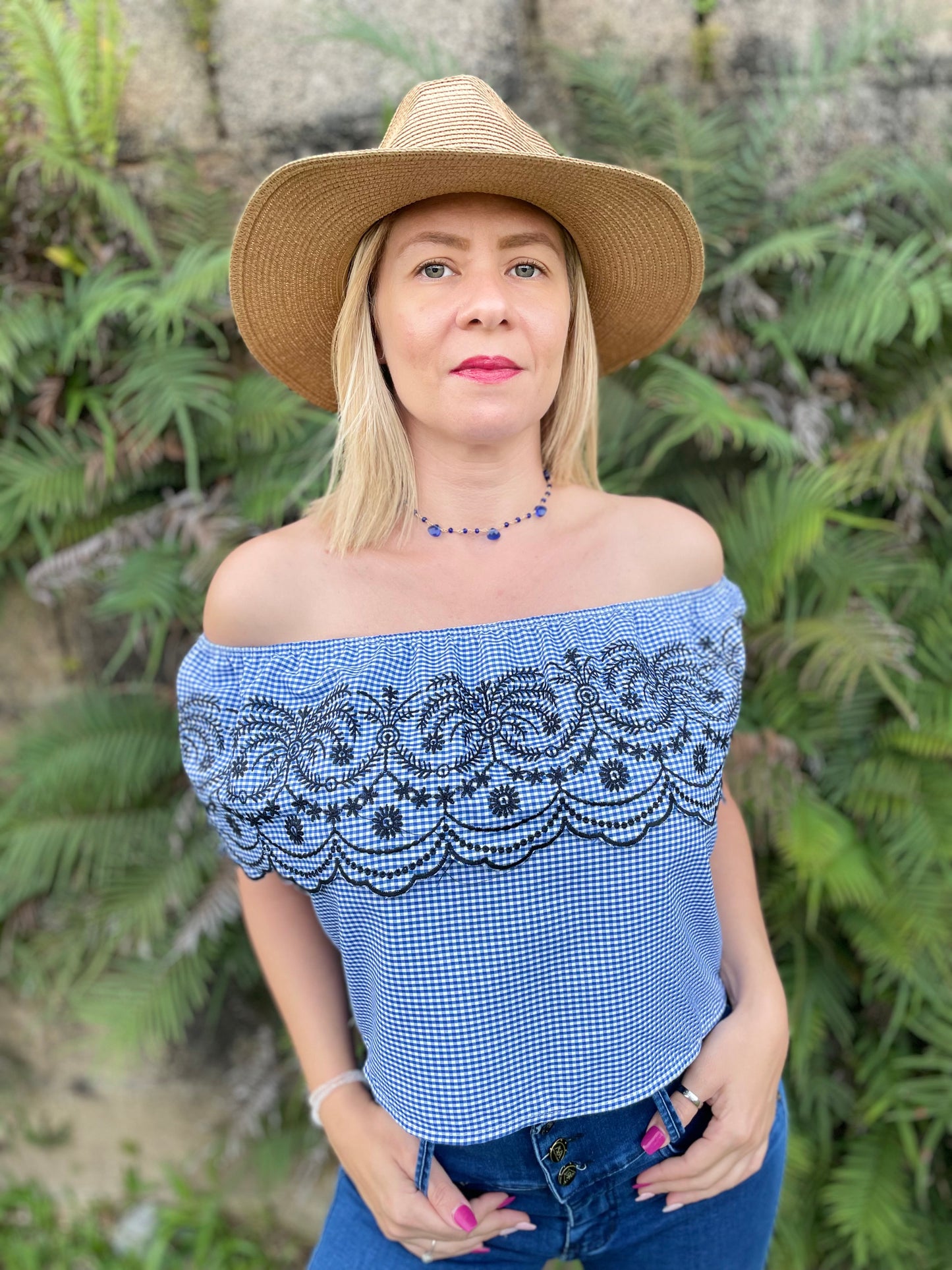 GINGHAM EMBROIDERED RUFFLE BLOUSE