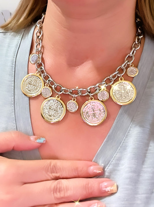 Multi Coins Two Tone Necklace