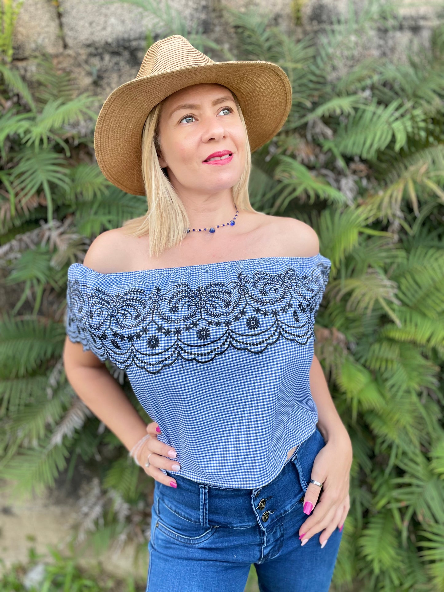 GINGHAM EMBROIDERED RUFFLE BLOUSE