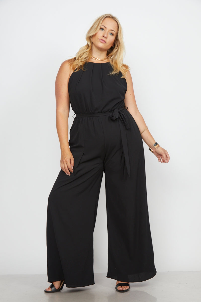 Pleated neck plus jumpsuit with tie