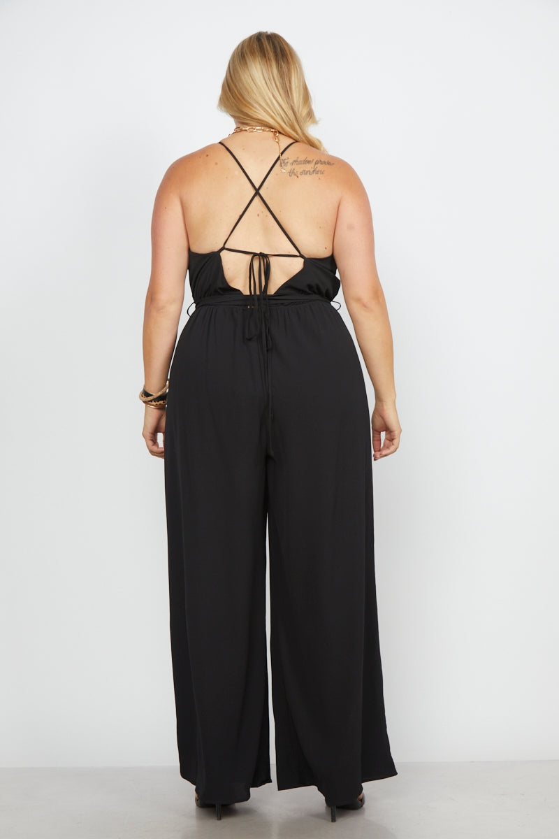 Pleated neck plus jumpsuit with tie